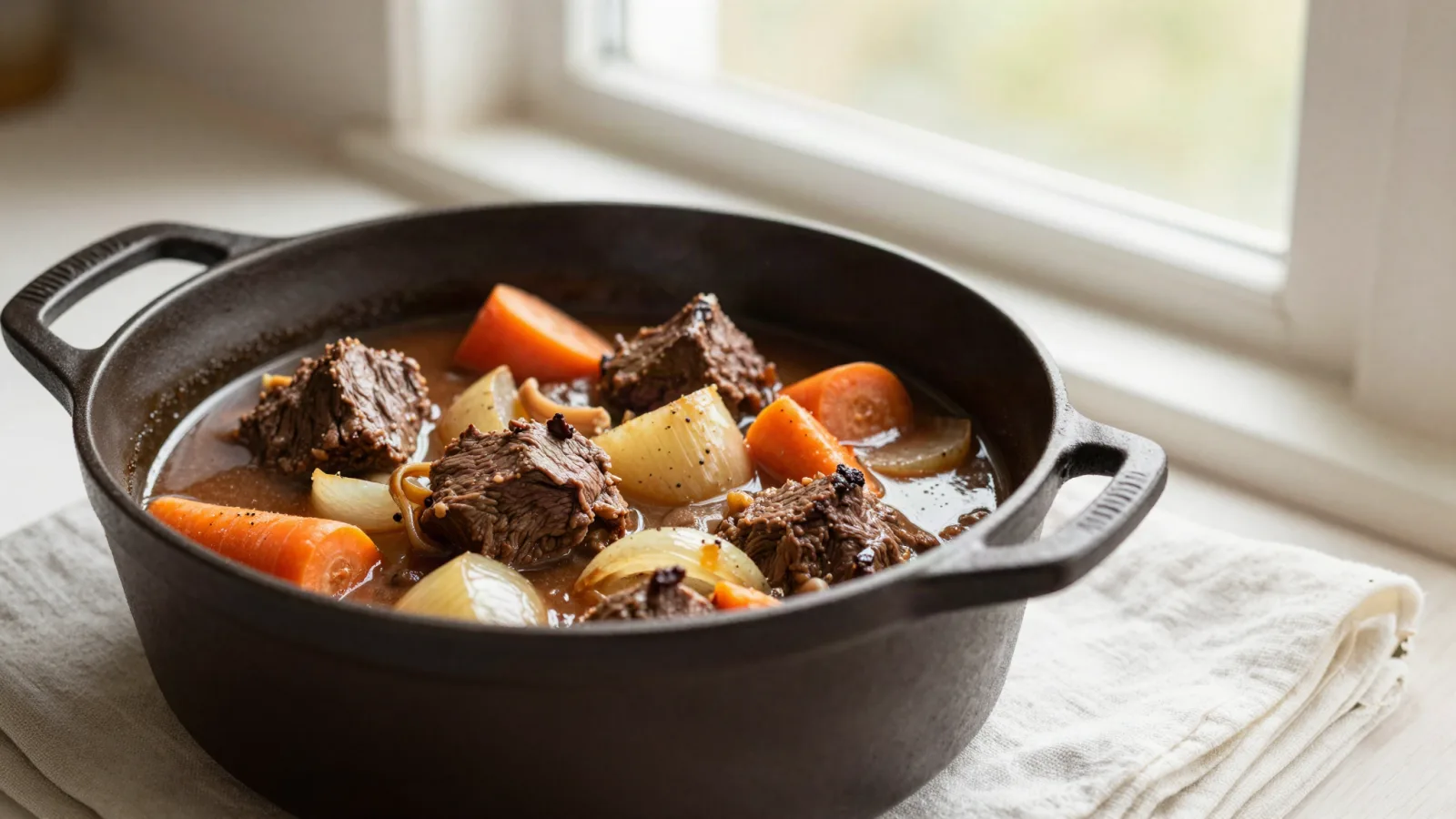Bœuf mijoté sans vin dans une cocotte avec carottes et oignons