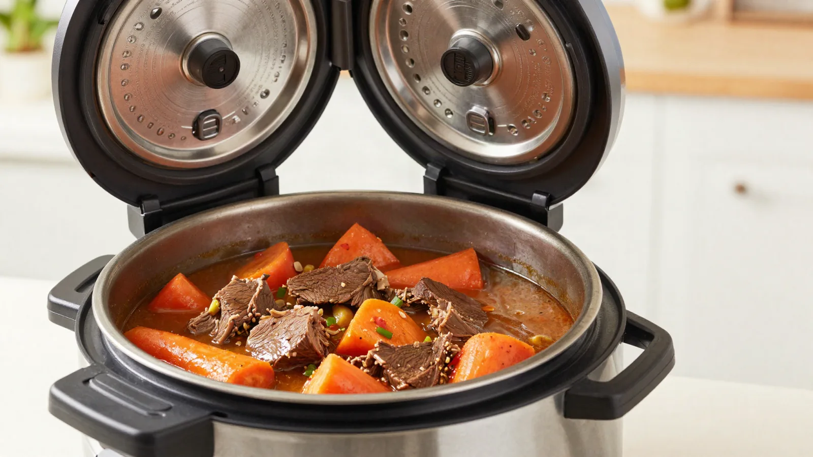Cocotte électrique avec bœuf, carottes et oignons