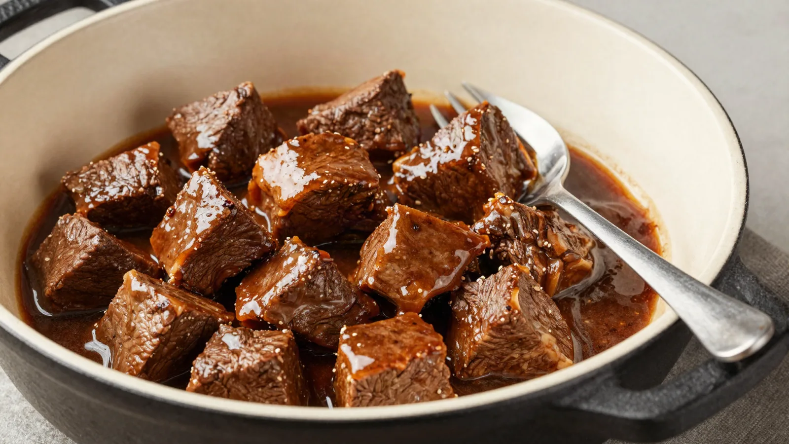 Viande mijotée vérifiée avec une fourchette dans une cocotte
