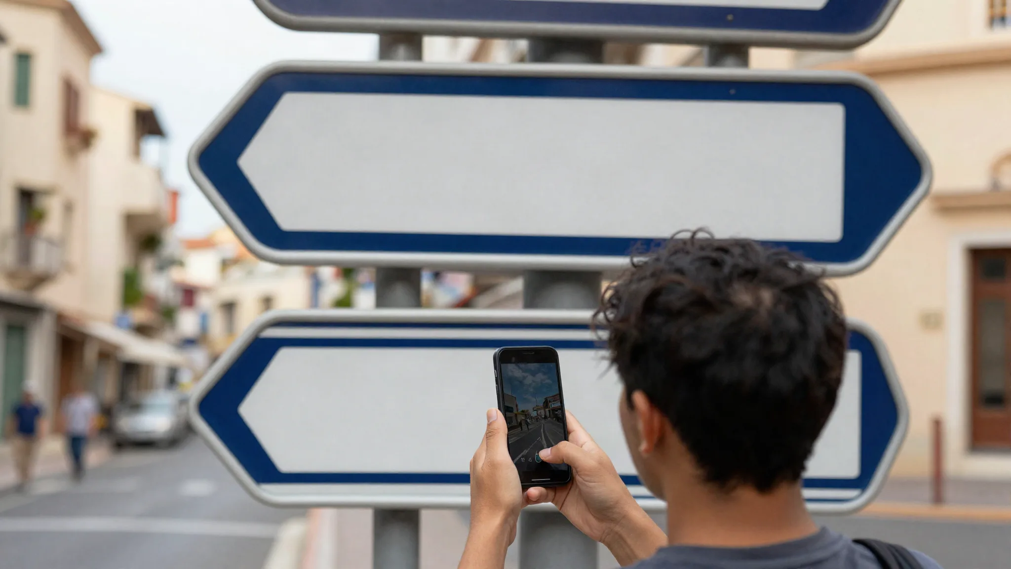 Voyageur utilisant son téléphone devant des panneaux directionnels sans texte lisible