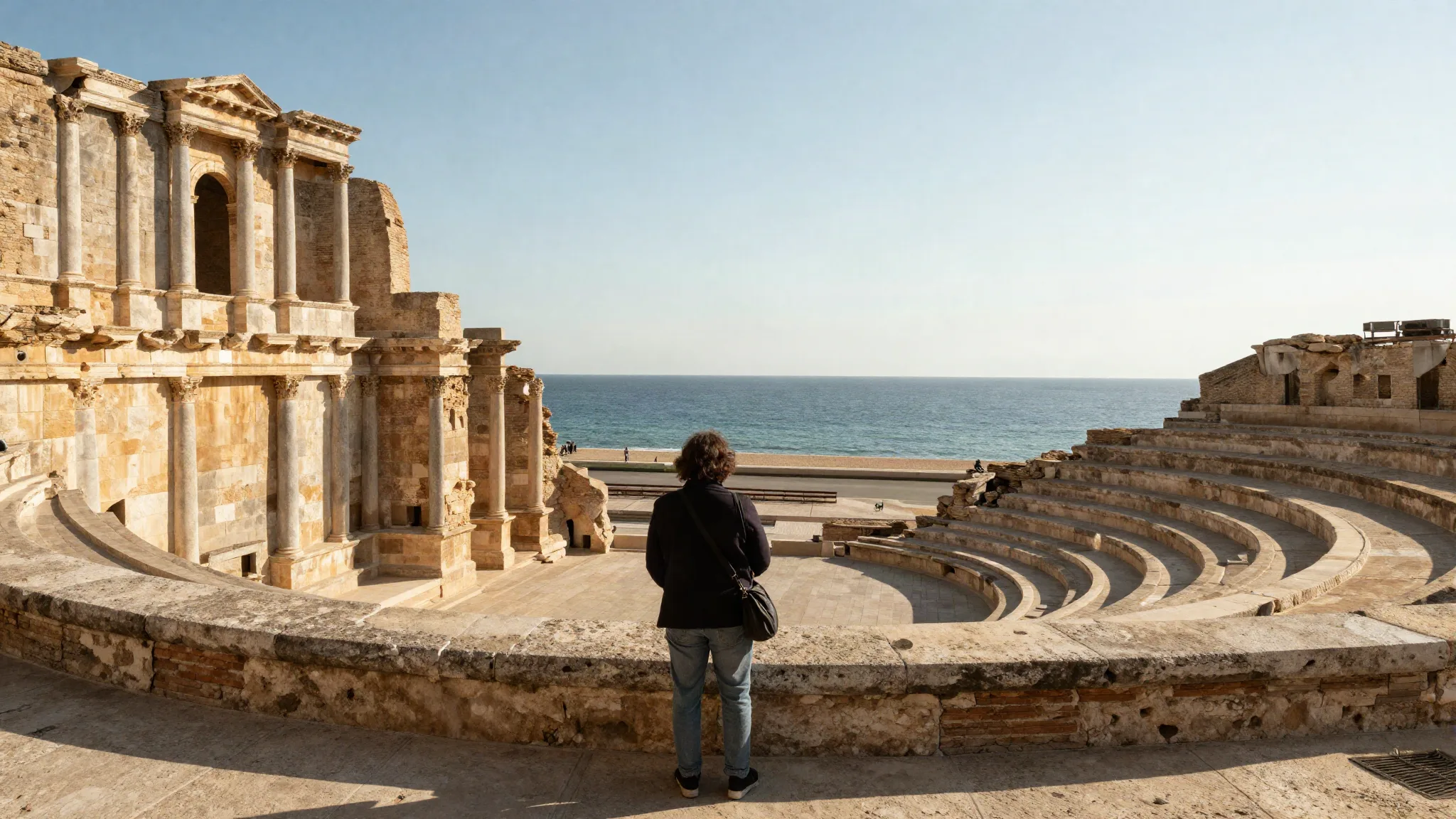 Visiteur devant les gradins d’un amphithéâtre romain face à la Méditerranée