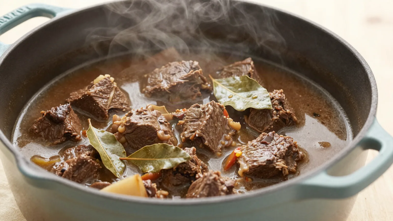 Bœuf bourguignon mijotant doucement dans une cocotte en fonte