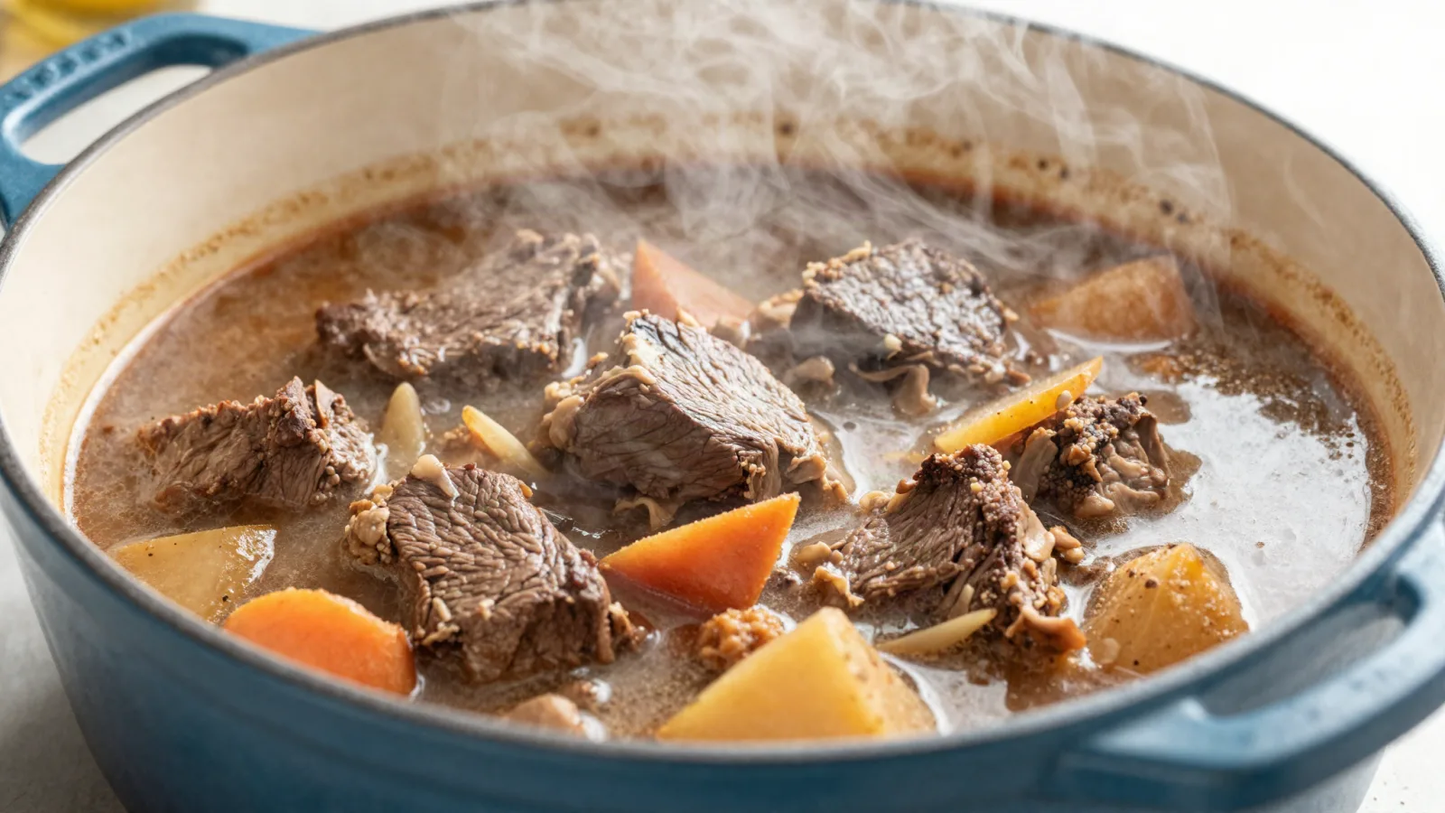 Cocotte en fonte contenant un bœuf bourguignon en cuisson lente